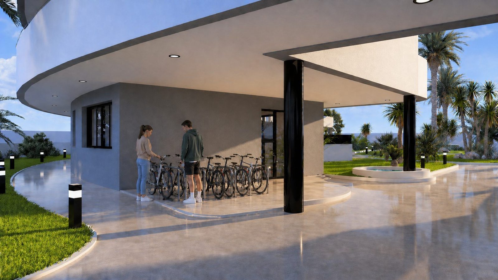 Entree van nieuwbouwcomplex in Los Alcázares met overdekte fietsenstalling