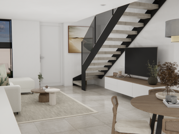 Eigentijds interieur met woonkamer, eethoek, tv-meubel en open trap met glazen balustrade.