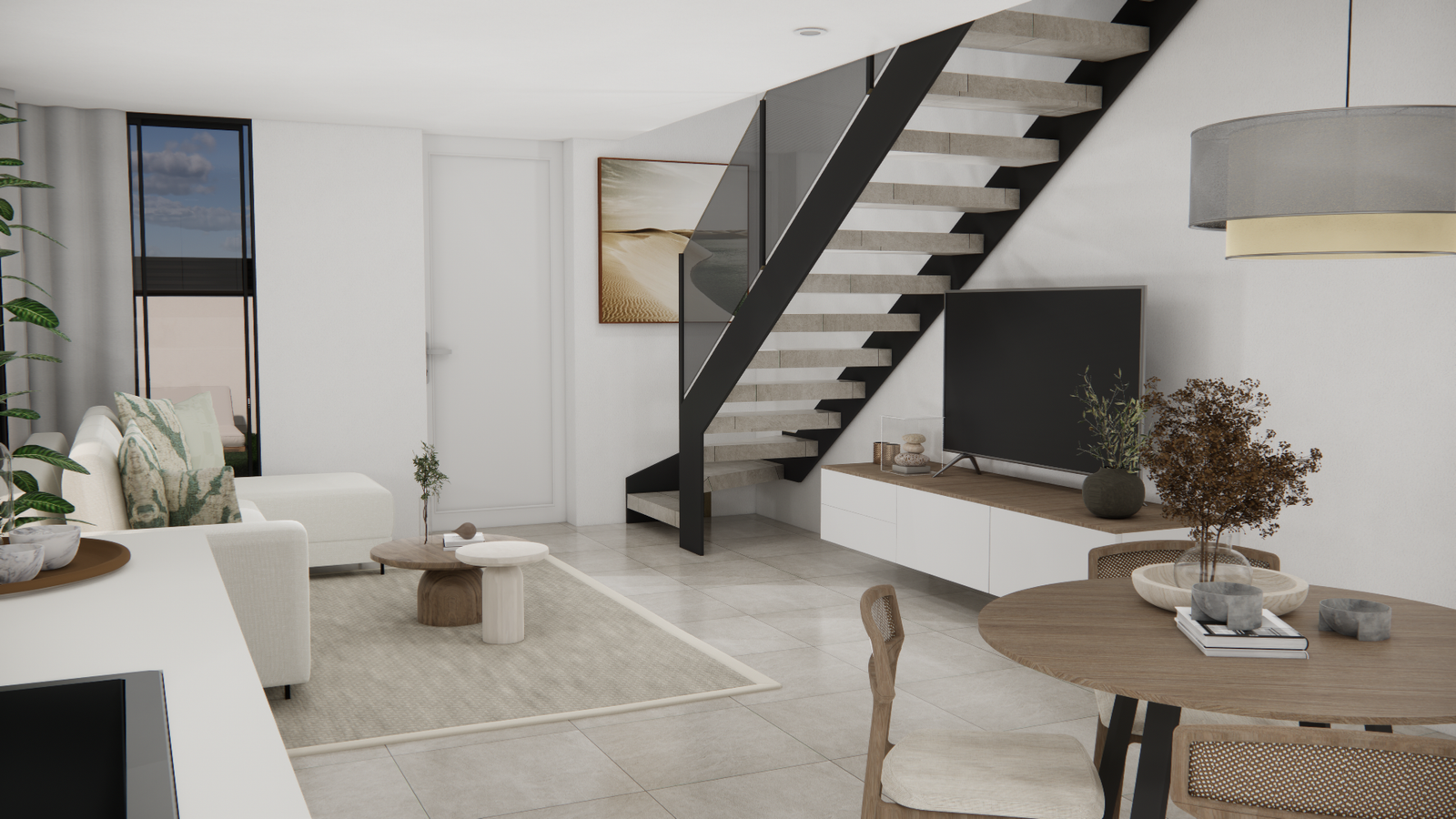 Eigentijds interieur met woonkamer, eethoek, tv-meubel en open trap met glazen balustrade.