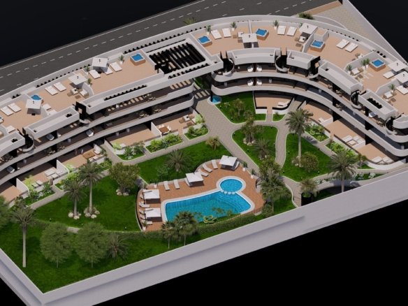 Overzicht van nieuwbouwappartementen met zwembad en tropische tuin in Los Alcázares