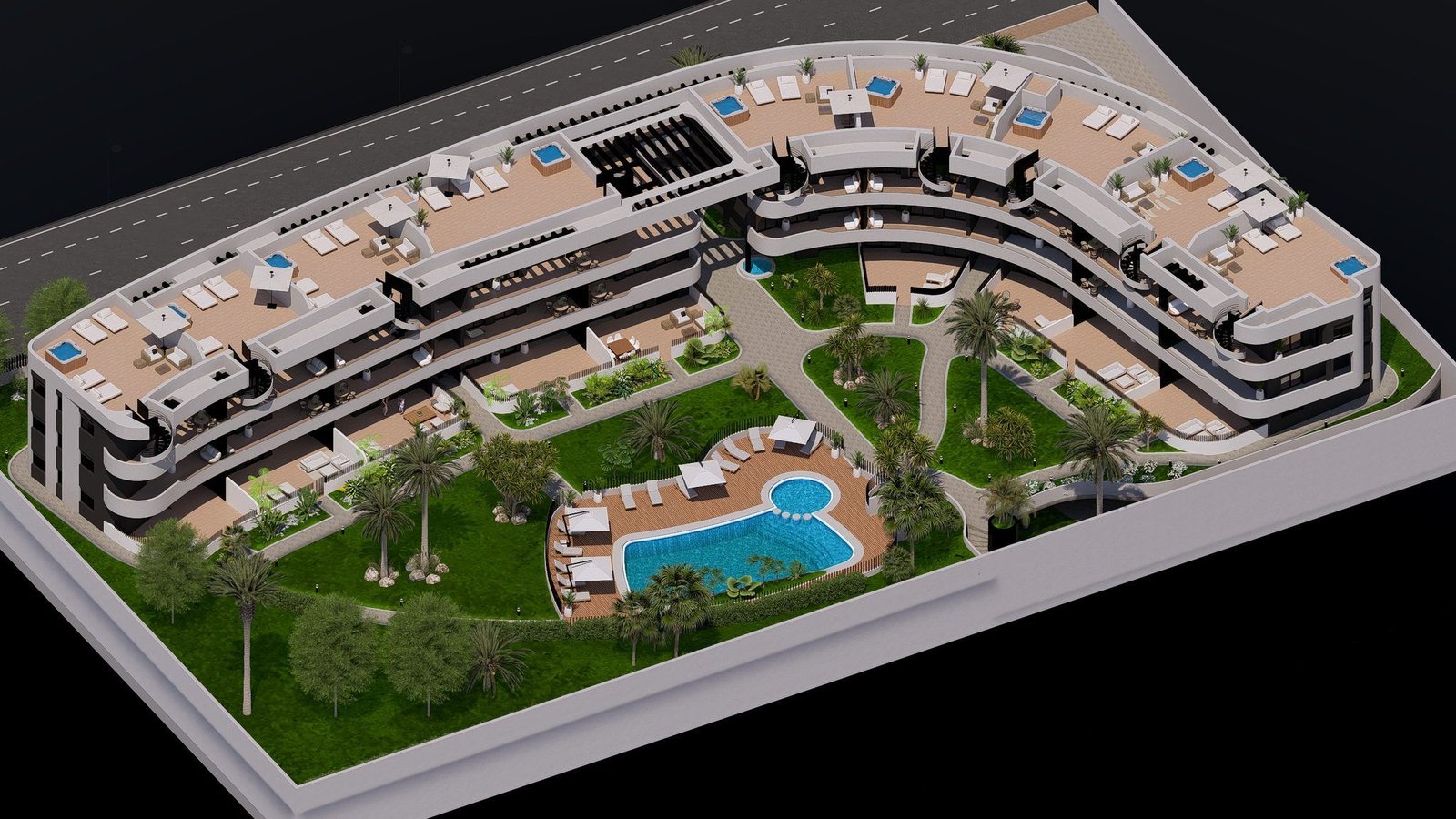 Overzicht van nieuwbouwappartementen met zwembad en tropische tuin in Los Alcázares