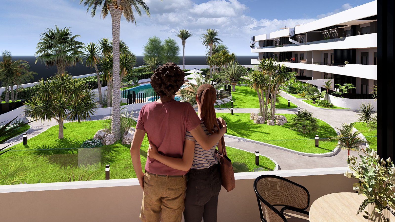 Terras met uitzicht op het zwembad en de tropische tuin in Los Alcázares