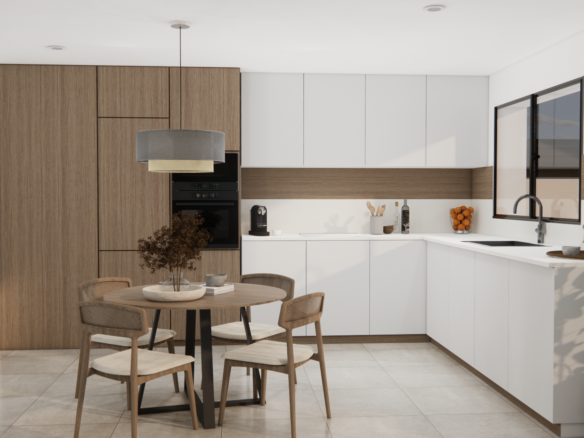 Moderne U-vormige keuken met inbouwapparatuur, houten kastenwand en eethoek in de nieuwbouwvilla.