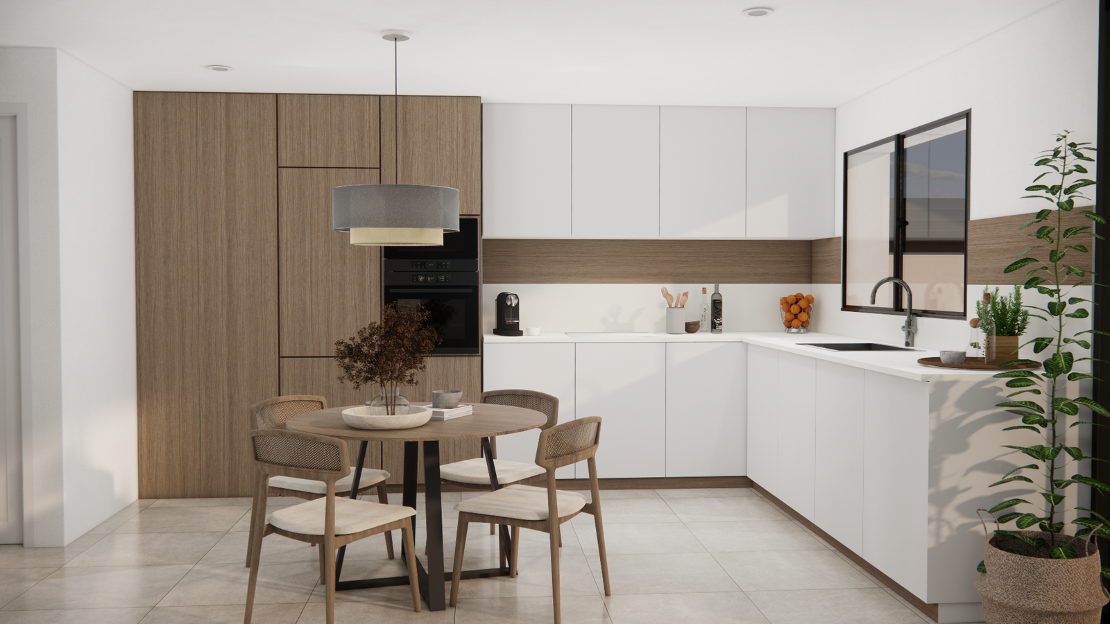 Moderne U-vormige keuken met inbouwapparatuur, houten kastenwand en eethoek in de nieuwbouwvilla.