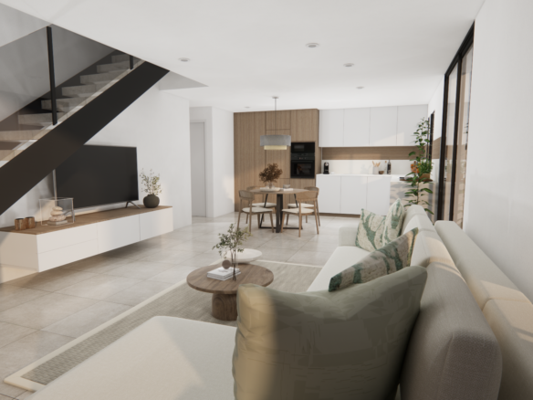 Ruime woonkamer met hoekbank, open keuken, eethoek en moderne zwarte trap in de nieuwbouwvilla.