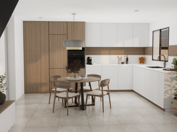 Open keuken en eethoek met houtaccenten, inbouwapparatuur en veel natuurlijk licht in de villa.
