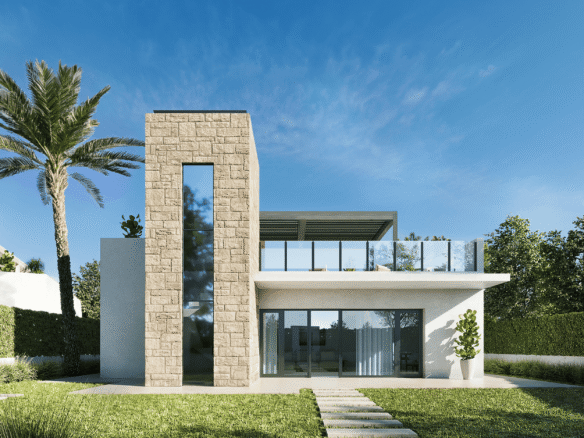 Voorgevel van een moderne nieuwbouwvilla in Lorca met solarium en natuurstenen details