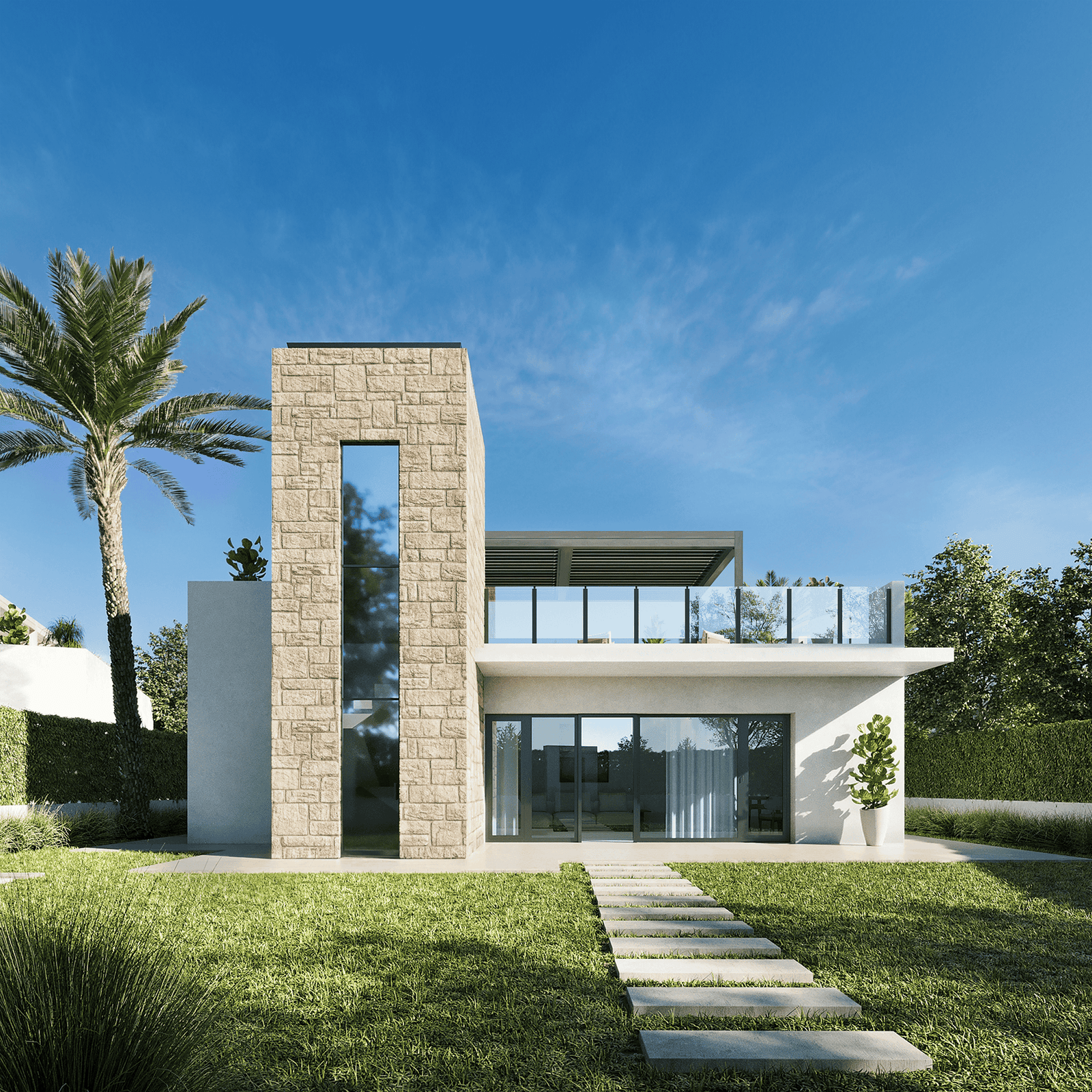 Voorgevel van een moderne nieuwbouwvilla in Lorca met solarium en natuurstenen details