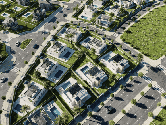 Luchtbeeld van moderne nieuwbouwvilla’s met tuinen en privézwembaden nabij Lorca