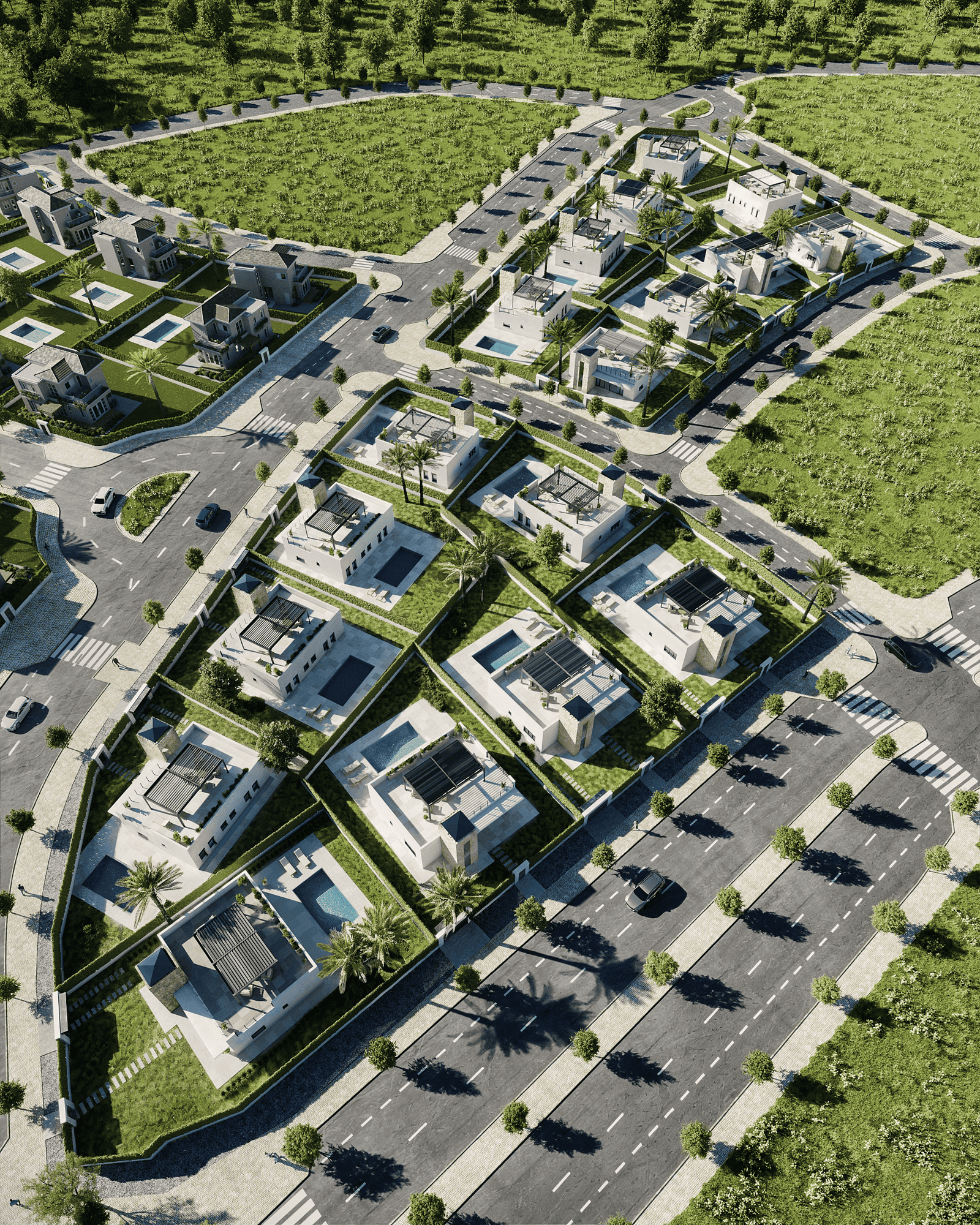 Luchtbeeld van moderne nieuwbouwvilla’s met tuinen en privézwembaden nabij Lorca