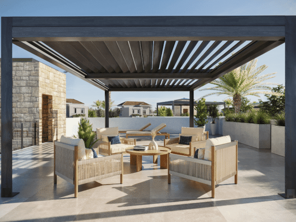 Privésolarium met pergola en comfortabele loungehoek op een moderne villa in Lorca