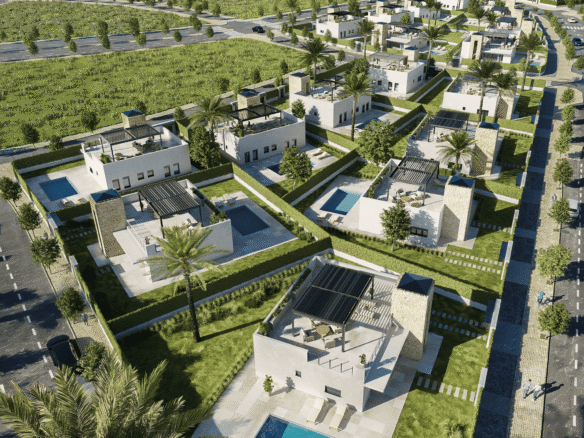 Nieuwbouwvilla in Lorca met privézwembad en royaal perceel, gezien vanuit de lucht