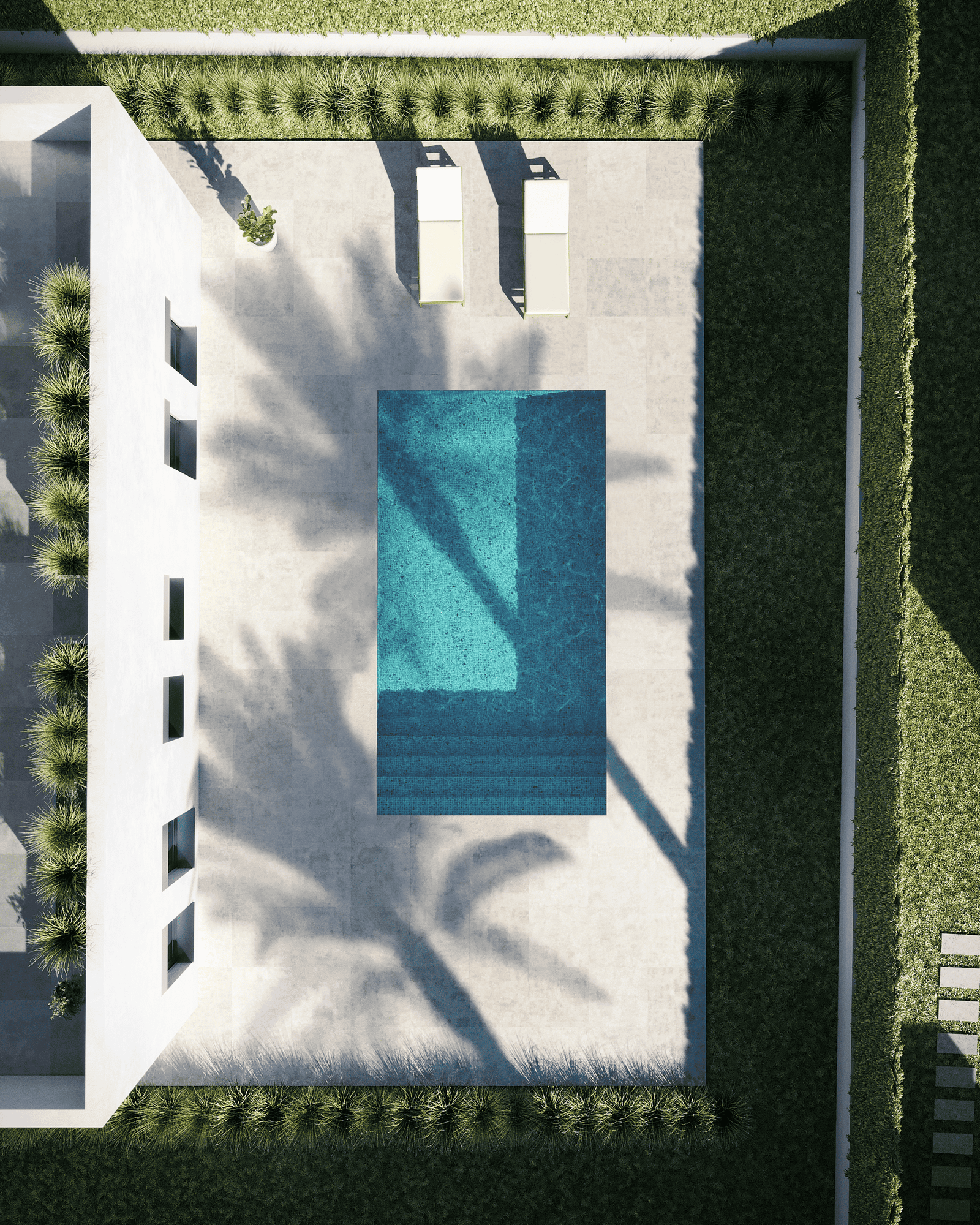 Bovenaanzicht van het privézwembad en zonneterras bij een vrijstaande villa in Lorca