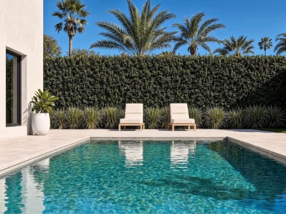 Privézwembad met zonneterras en palmbomen bij een nieuwbouwvilla in Lorca