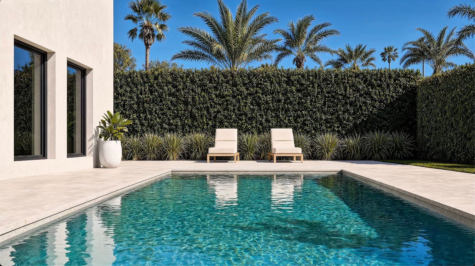 Privézwembad met zonneterras en palmbomen bij een nieuwbouwvilla in Lorca