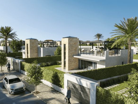 Straatbeeld van moderne vrijstaande villa’s in een afgesloten woonomgeving bij Lorca