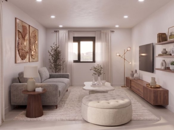 Lichte woonkamer met modern interieur en open indeling in de villa