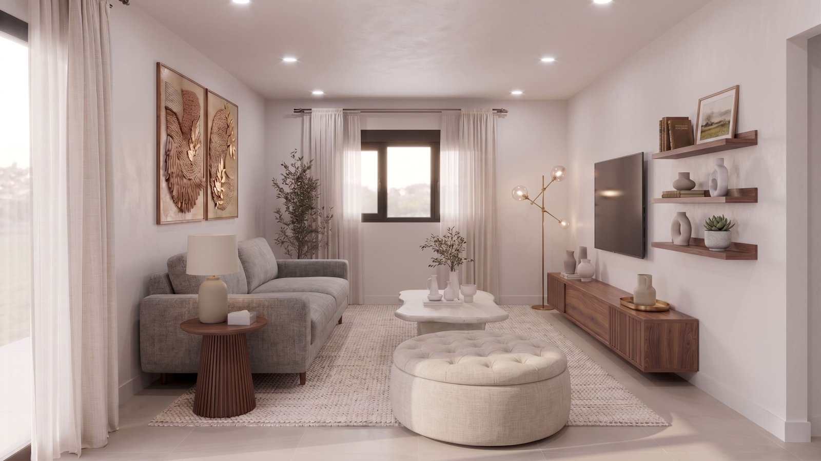 Lichte woonkamer met modern interieur en open indeling in de villa