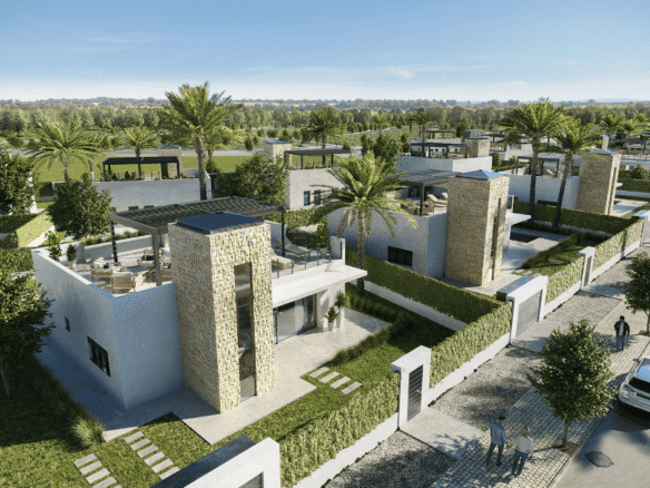 Moderne villa met dakterras, groene tuin en natuurstenen accenten in Lorca