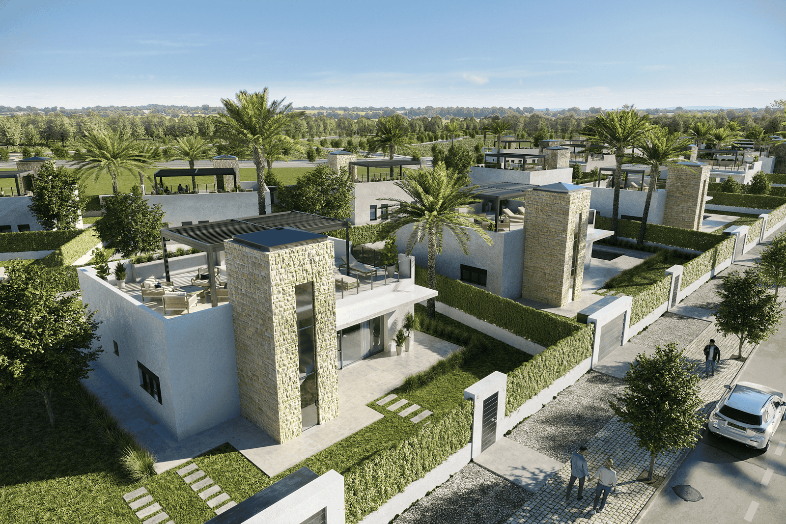 Moderne villa met dakterras, groene tuin en natuurstenen accenten in Lorca