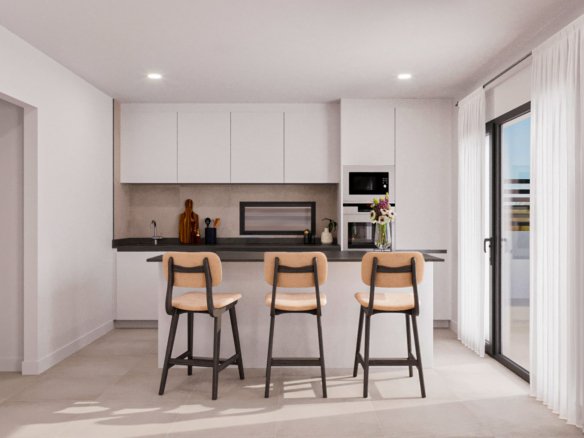 Moderne open keuken met kookeiland en schuifpui naar het terras