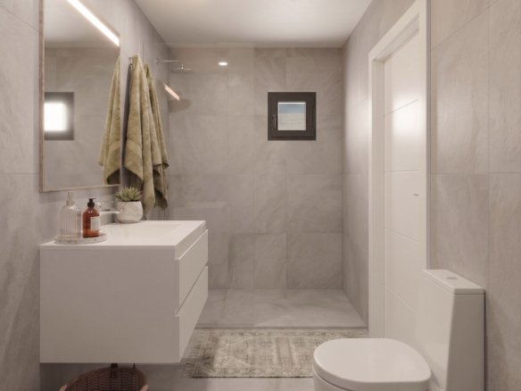 Moderne hoofdbadkamer met inloopdouche, wastafelmeubel en toilet