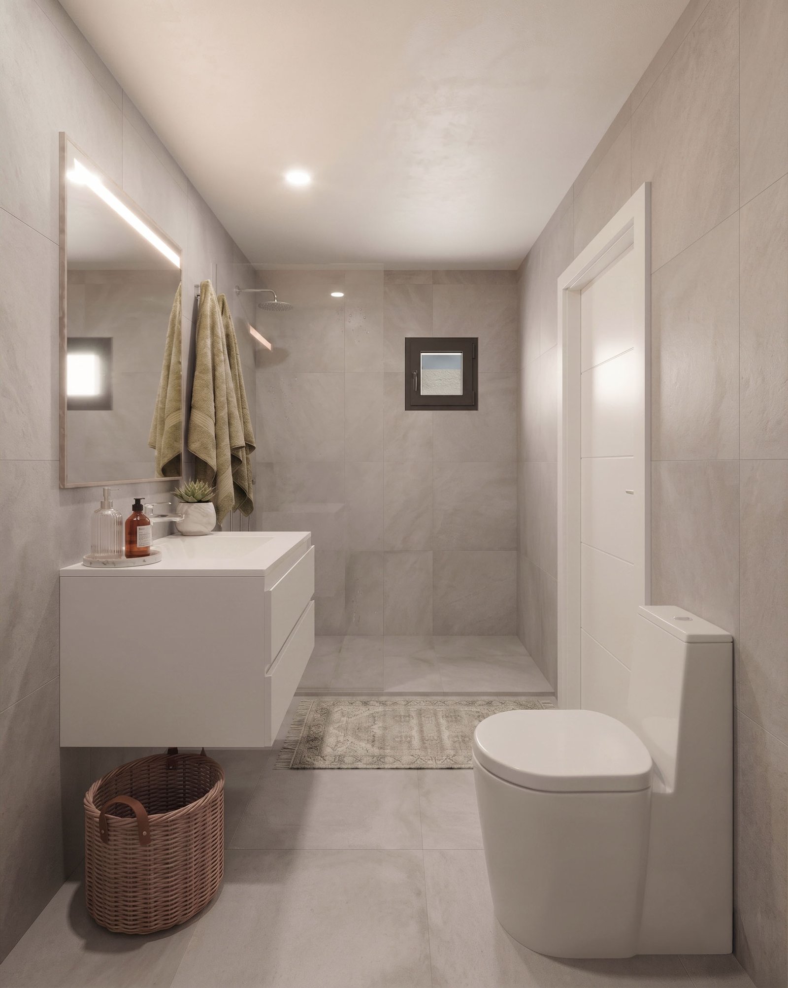 Moderne hoofdbadkamer met inloopdouche, wastafelmeubel en toilet