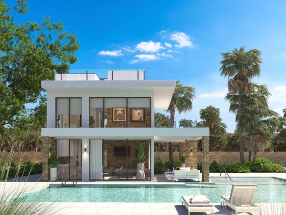 Visualisatie van een nieuwbouwvilla in La Manga met privézwembad, grote ramen en ligbedden op het terras.