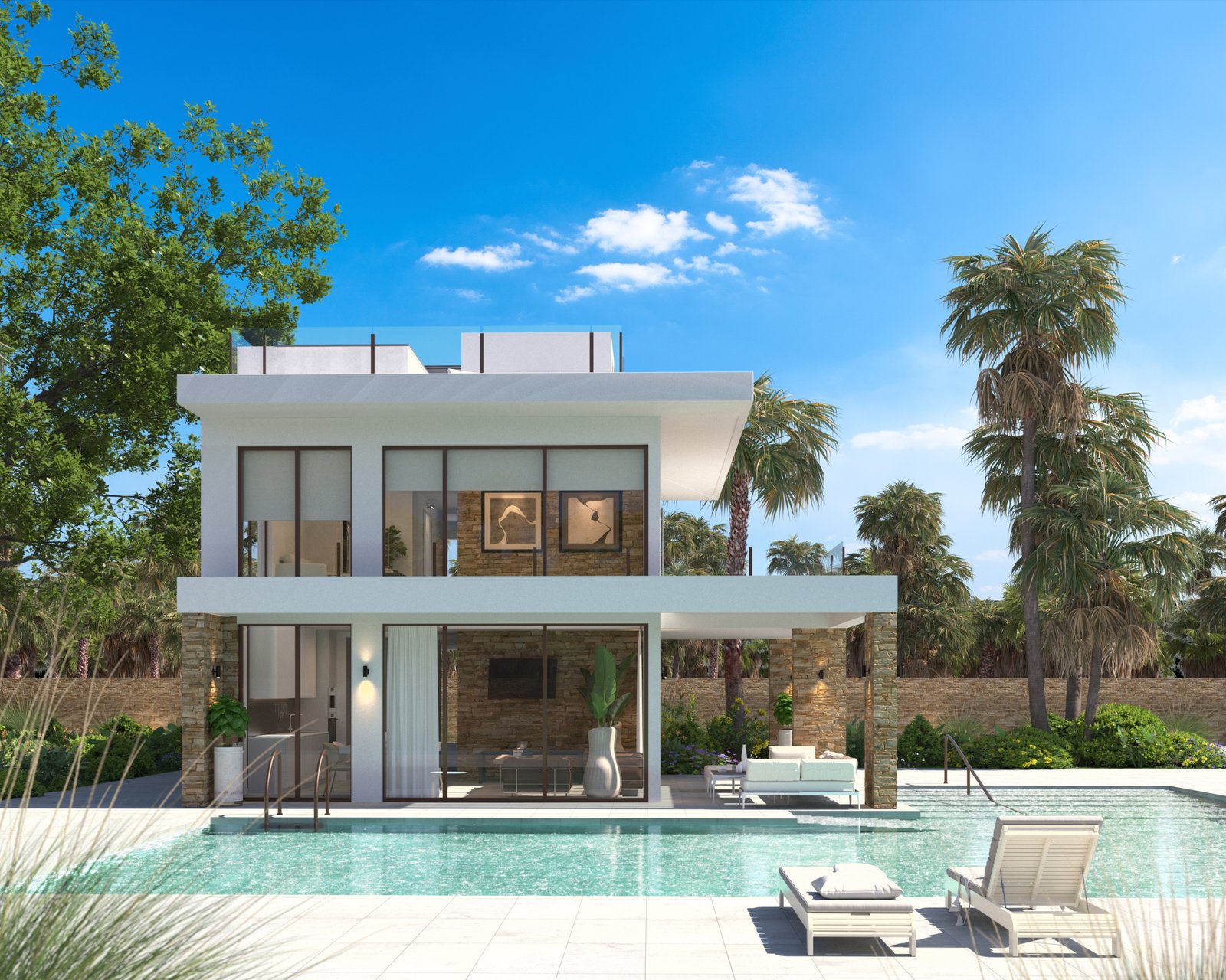 Visualisatie van een nieuwbouwvilla in La Manga met privézwembad, grote ramen en ligbedden op het terras.