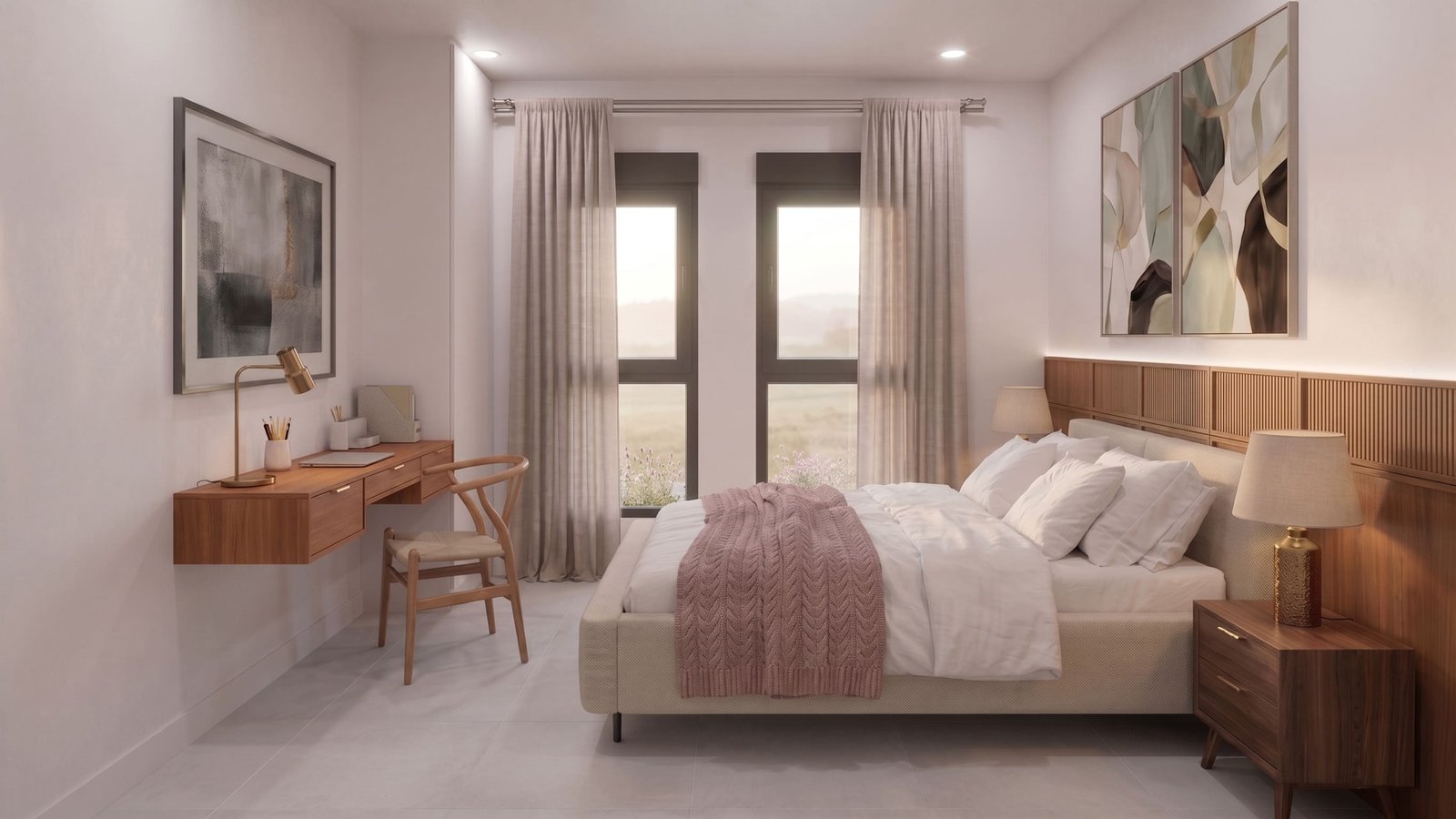 Derde slaapkamer met tweepersoonsbed, werkplek en veel natuurlijk licht