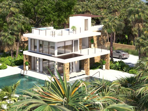 Visualisatie van een vrijstaande villa met zwembad, ruime terrassen en palmbomen, schuin van boven gezien.