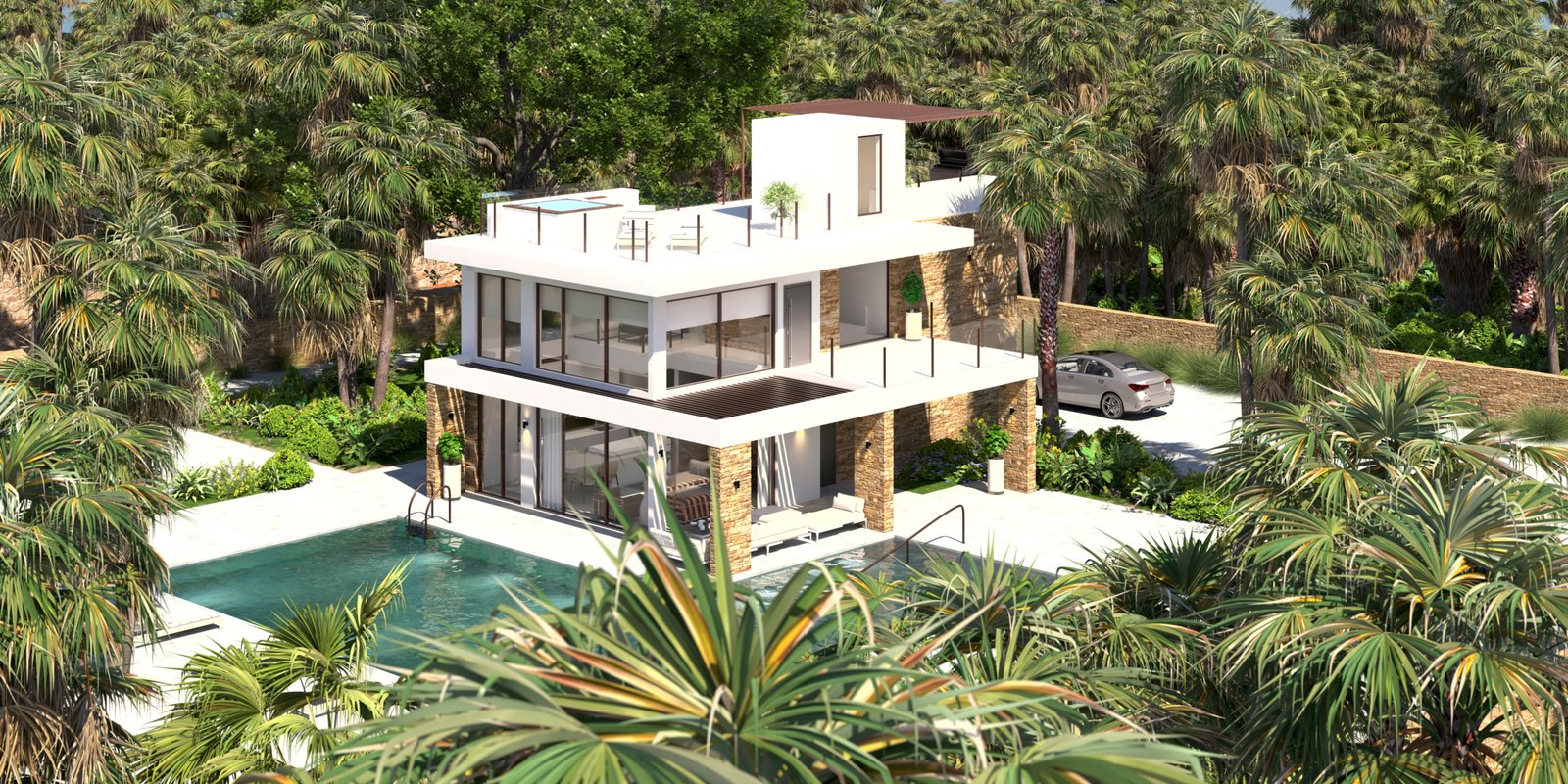 Visualisatie van een vrijstaande villa met zwembad, ruime terrassen en palmbomen, schuin van boven gezien.