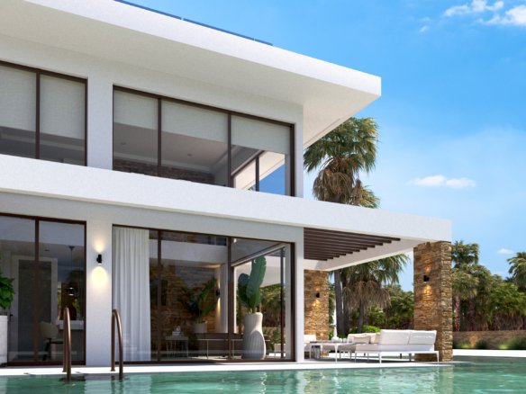 Visualisatie vanaf het zwembad van de witte villa met grote glaspartijen en een overdekte loungehoek.