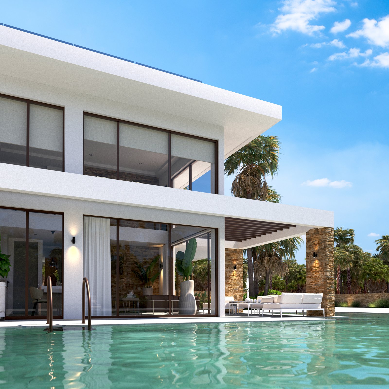 Visualisatie vanaf het zwembad van de witte villa met grote glaspartijen en een overdekte loungehoek.
