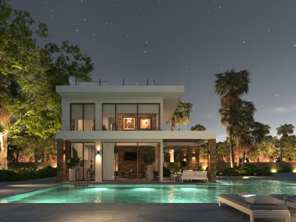 Avondvisualisatie van de villa in La Manga met verlicht privézwembad en sfeerverlichting in de tuin.