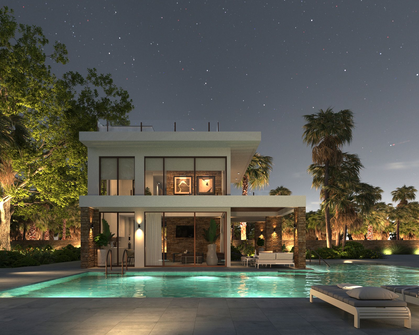 Avondvisualisatie van de villa in La Manga met verlicht privézwembad en sfeerverlichting in de tuin.