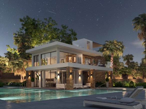 Visualisatie van de villa bij nacht, met verlichte gevels, een zwembad en ligbedden op het terras.