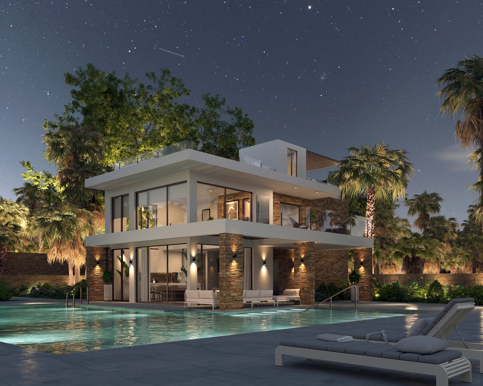 Visualisatie van de villa bij nacht, met verlichte gevels, een zwembad en ligbedden op het terras.