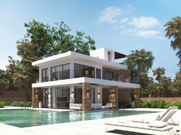 Visualisatie van de nieuwbouwvilla in La Manga schuin vanaf het zonneterras, met zwembad, glazen balkonbalustrade en palmbomen.