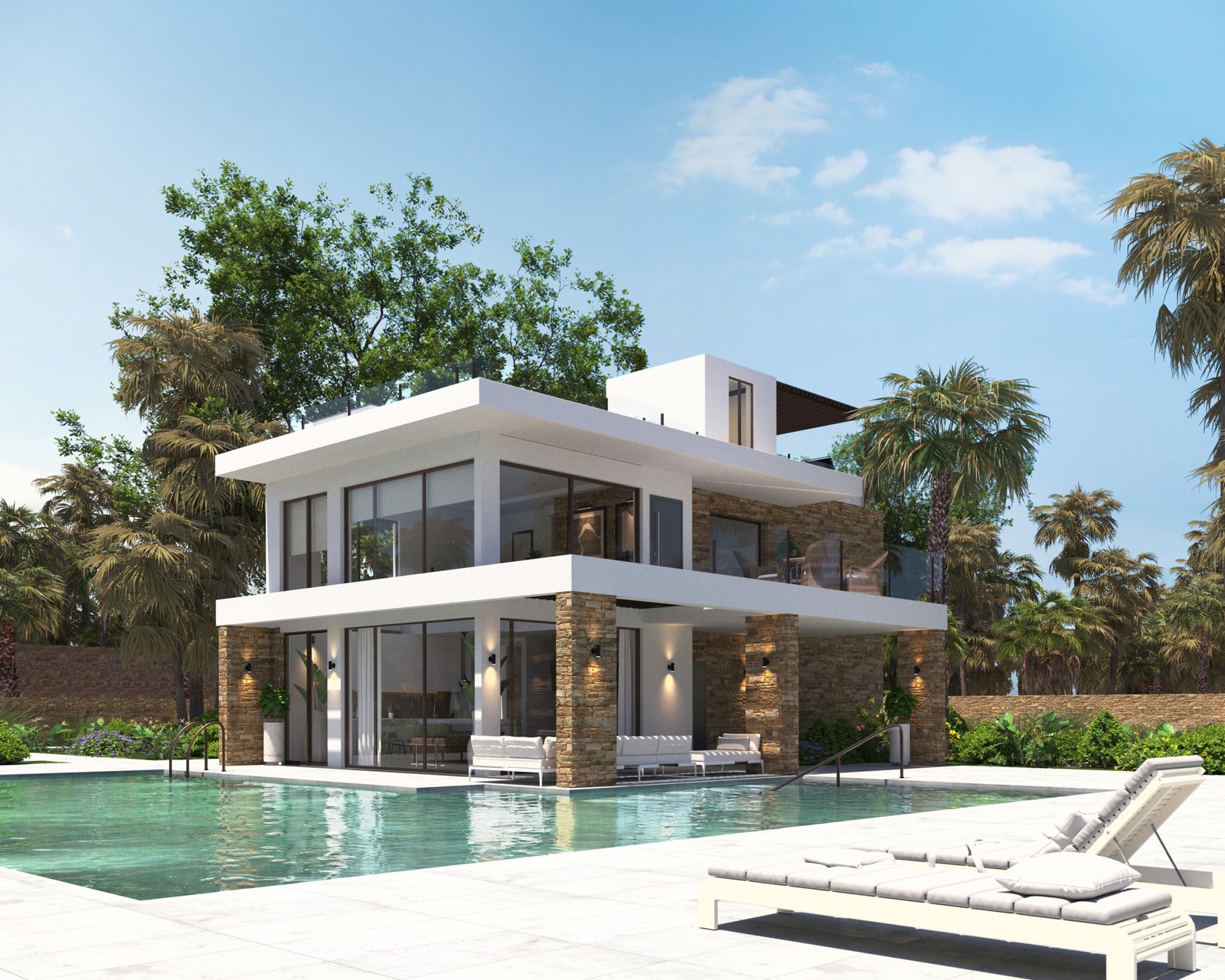 Visualisatie van de nieuwbouwvilla in La Manga schuin vanaf het zonneterras, met zwembad, glazen balkonbalustrade en palmbomen.