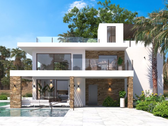Visualisatie van de zijgevel met stenen zuilen, een overdekt terras en een balkon met glazen balustrade.