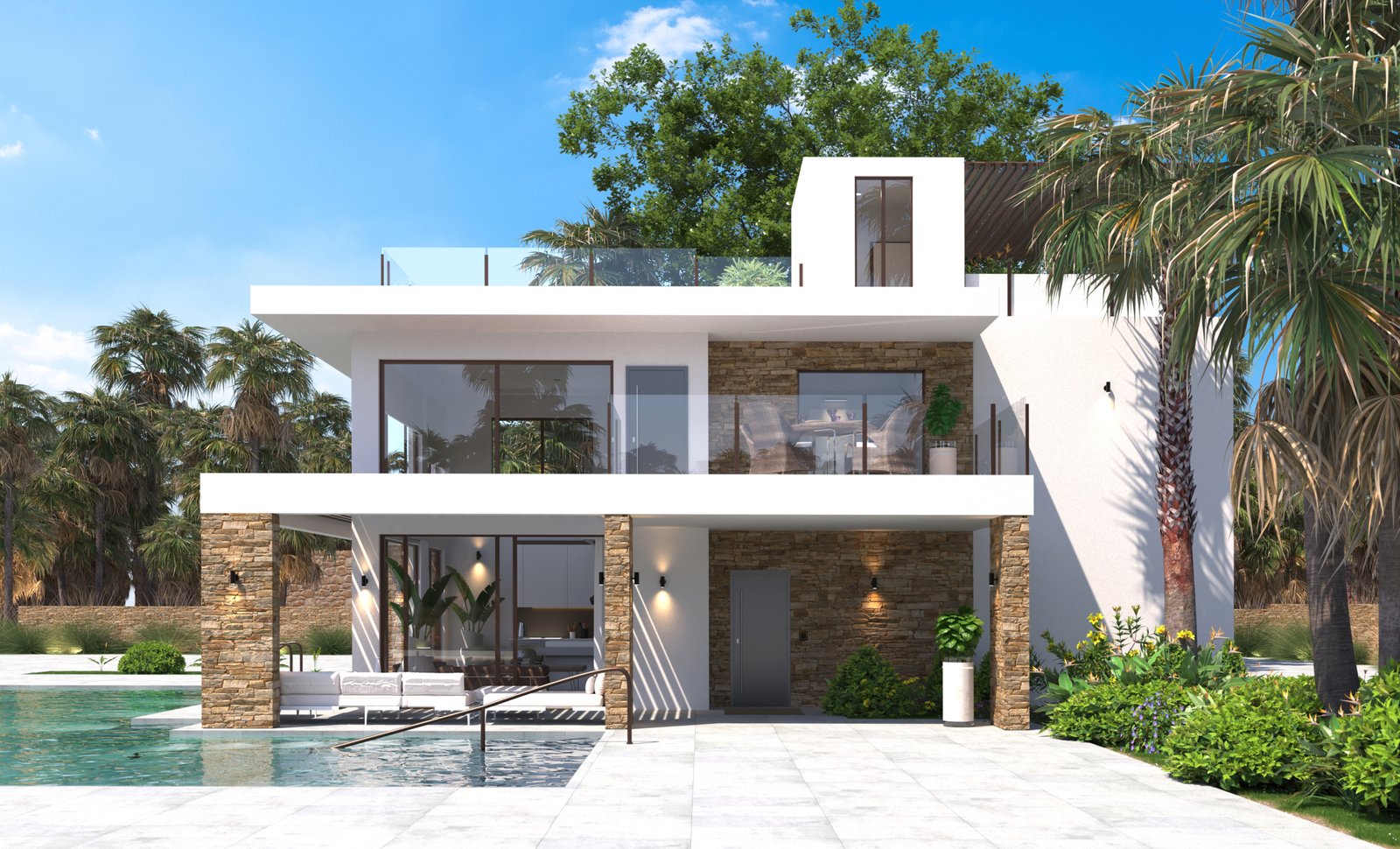 Visualisatie van de zijgevel met stenen zuilen, een overdekt terras en een balkon met glazen balustrade.
