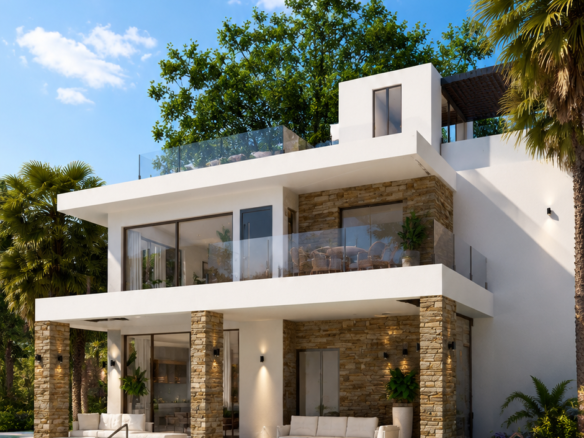 Visualisatie van een nieuwbouwvilla in La Manga met privézwembad en een overdekte zithoek naast de woning.