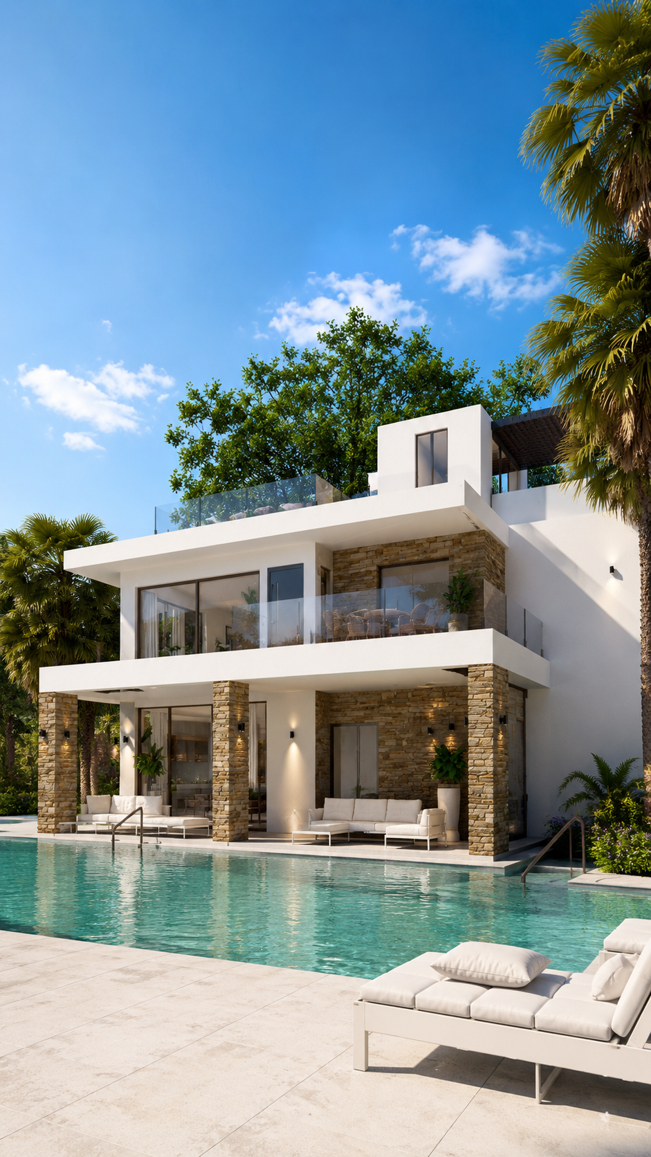 Visualisatie van een nieuwbouwvilla in La Manga met privézwembad en een overdekte zithoek naast de woning.