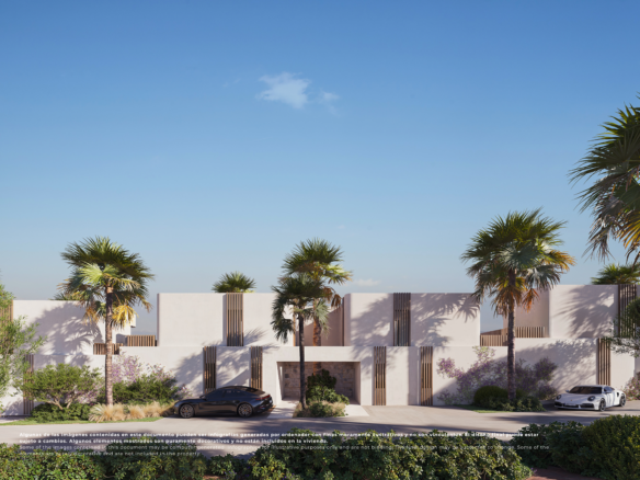 Impressie van de entreezijde van moderne villa’s op El Valle Golf Resort met palmbomen en parkeerplaatsen.