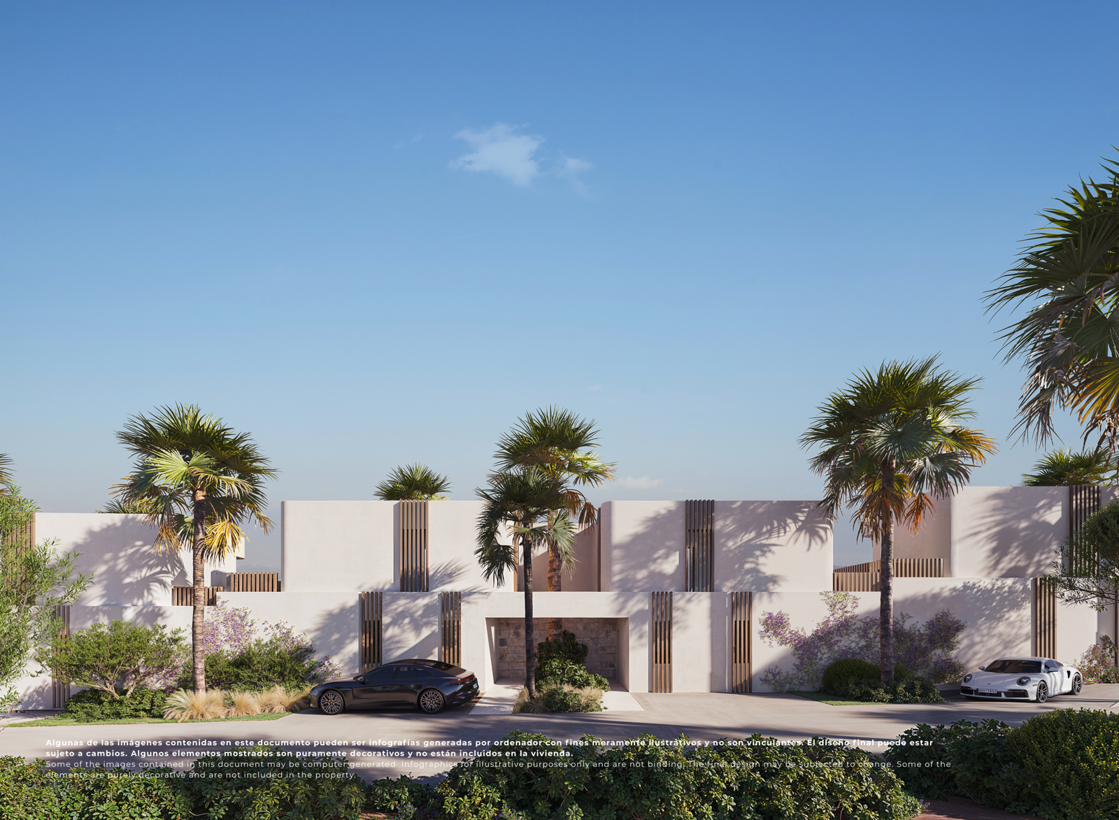 Impressie van de entreezijde van moderne villa’s op El Valle Golf Resort met palmbomen en parkeerplaatsen.