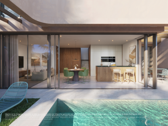 Impressie van een privézwembad met terras en open schuifpui bij een villa op El Valle Golf Resort.