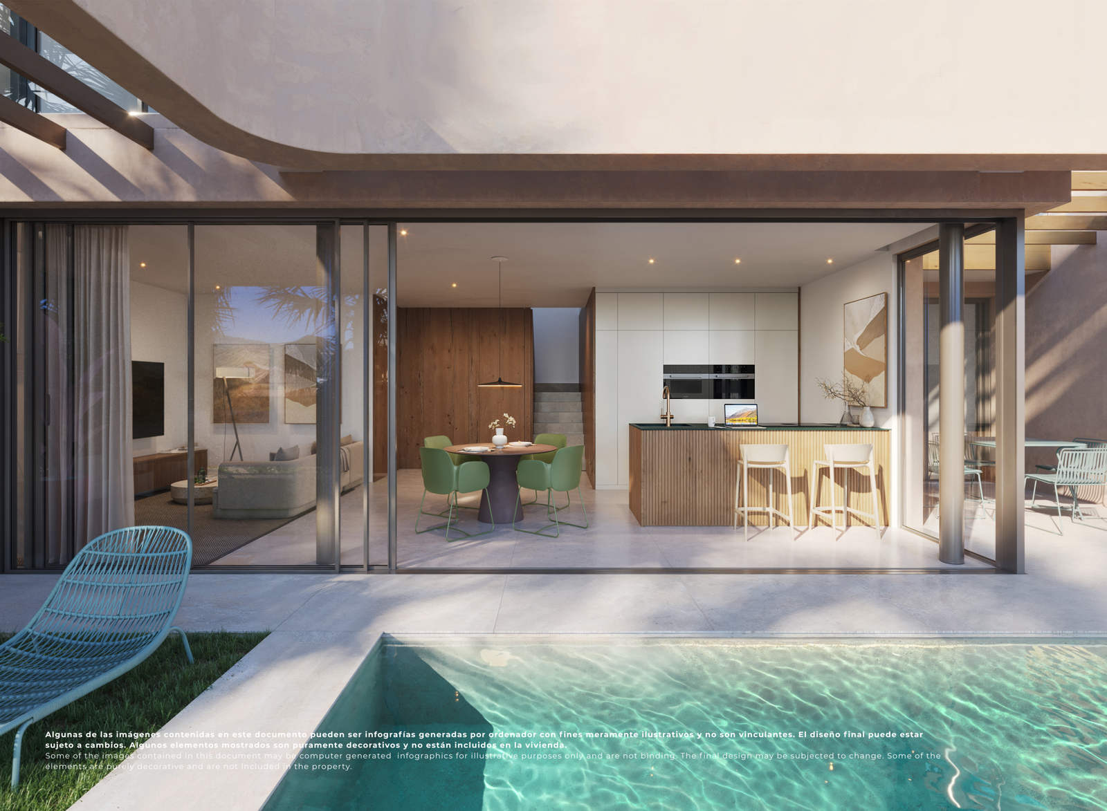 Impressie van een privézwembad met terras en open schuifpui bij een villa op El Valle Golf Resort.