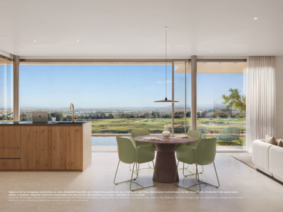 Impressie van een open keuken en eetkamer met grote raampartijen en golfzicht op El Valle Golf Resort.