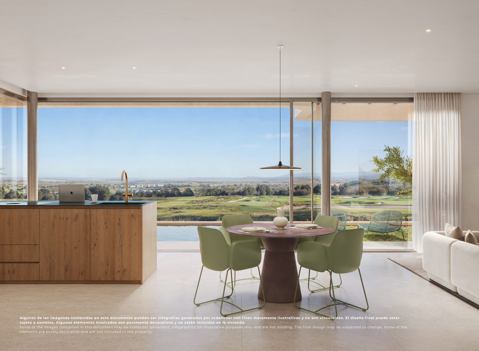 Impressie van een open keuken en eetkamer met grote raampartijen en golfzicht op El Valle Golf Resort.